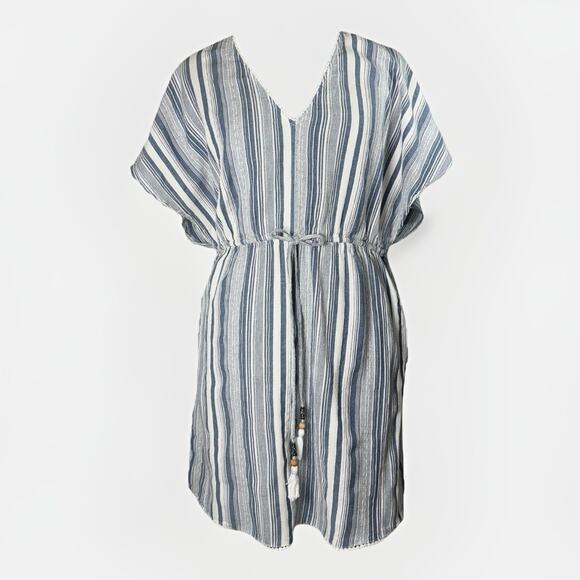 Goa Beachwear By Japna Beach Cover Mid Dress Tassels MD Stripe Blue White Cotton - Picture 1 of 6